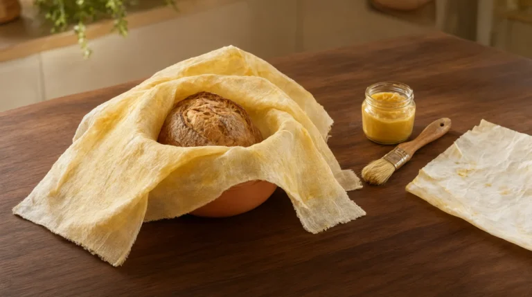 Восковая салфетка из хлопковой ткани, которой накрывают миску с хлебом на кухонном столе.